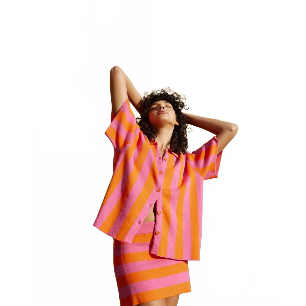 NEW ASTON STUDIO knit short sleeve button up shirt in arisa